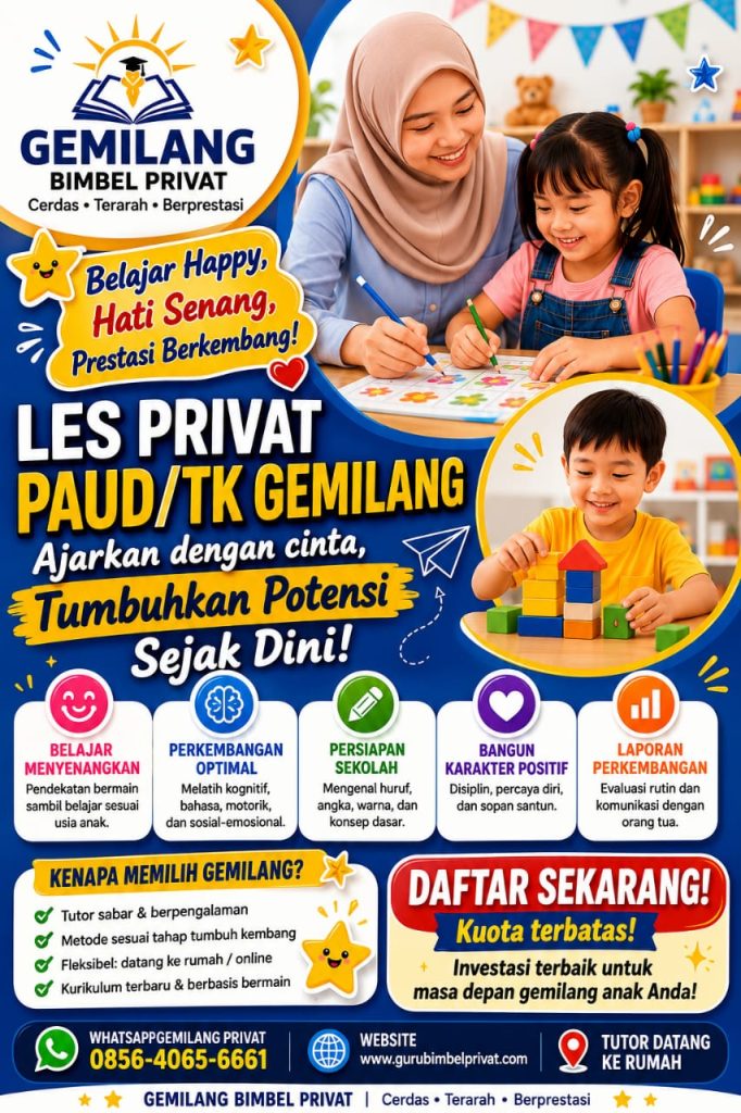 Poster promosi Les Privat PAUD dan TK Gemilang yang menawarkan layanan guru datang ke rumah. Menampilkan metode belajar menyenangkan, persiapan masuk sekolah, dan kontak pendaftaran via WhatsApp 0856-4065-6661 serta website gurubimbelprivat.com.